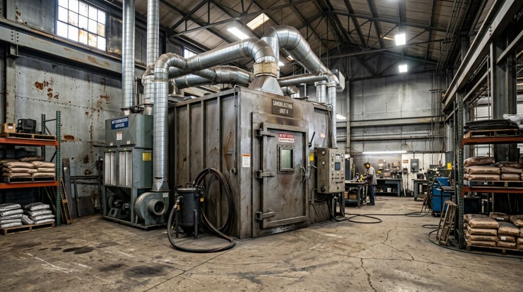 Промышленное помещение с установленной пескоструйной камерой, вентиляционными коробами и системами фильтрации воздуха