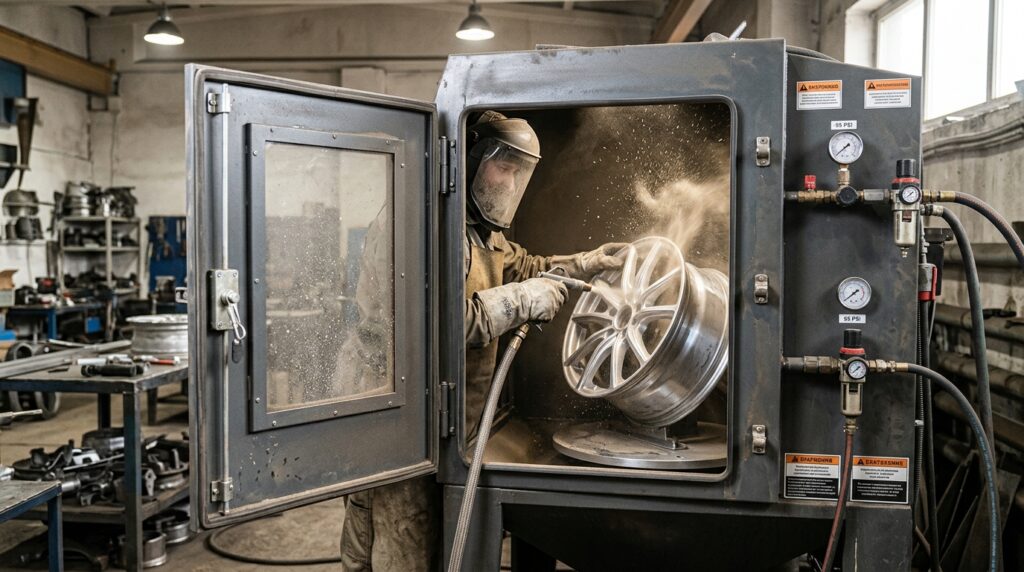 Ручная пескоструйная камера с боковым открыванием, внутри которой оператор обрабатывает автомобильный диск