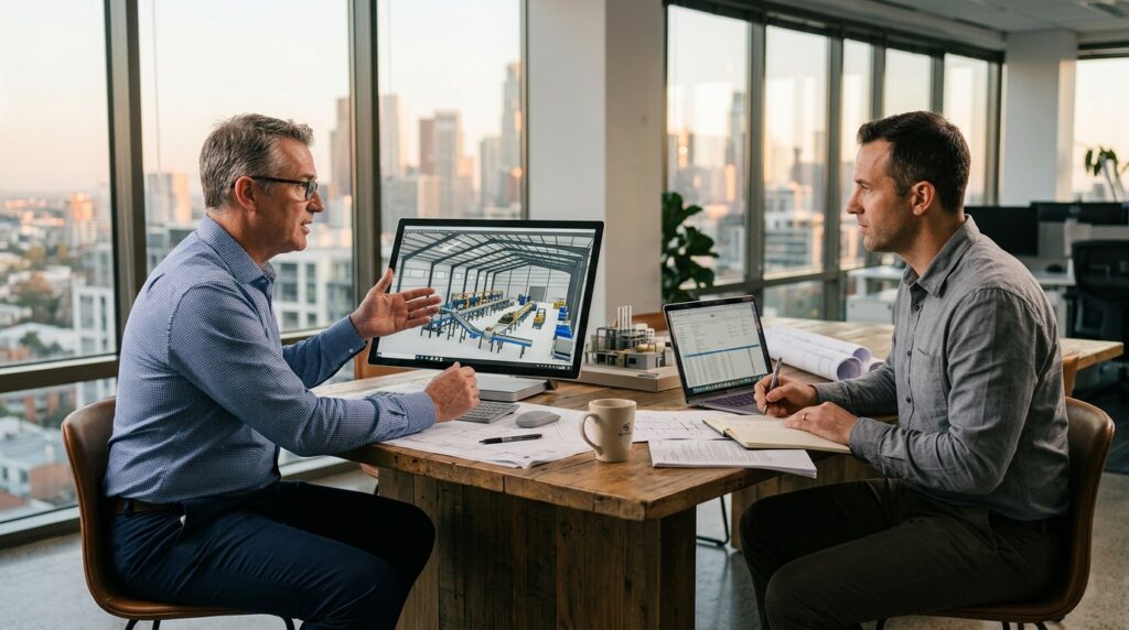 Промышленное помещение с установленной пескоструйной камерой, вентиляционными коробами и системами фильтрации воздуха