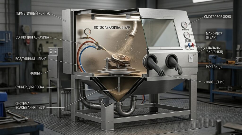 Схематическое изображение принципа работы пескоструйной камеры с указанием ключевых узлов